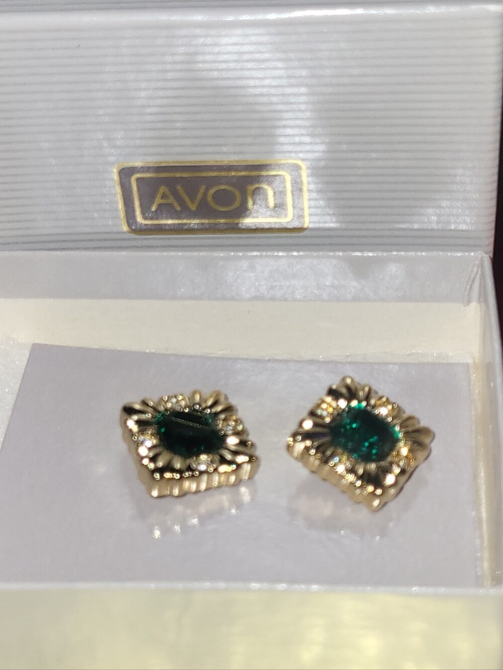 Avon Green Emerald Rhinestone Square Stud Earrings Vintage New In Box 1980s